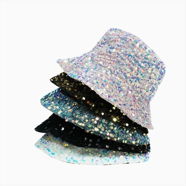 

Man Woman Glitter Sequins Bucket Hat Fisherman Folded Windproof Panama Hats Female, Blue;gray