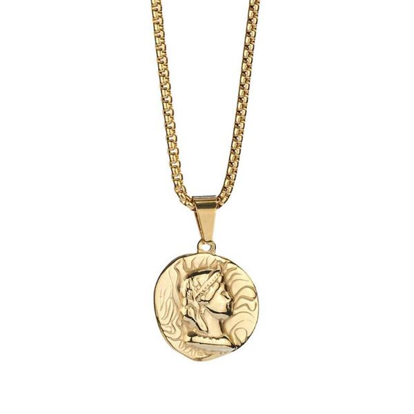

chains stainless steel gold vintage figure relief england queen coin disc pendant necklace jewelry gift for him with chain, Silver