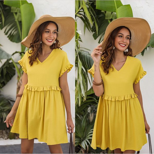 

women's dress solid color short sleeve spring dress new women's dress, White