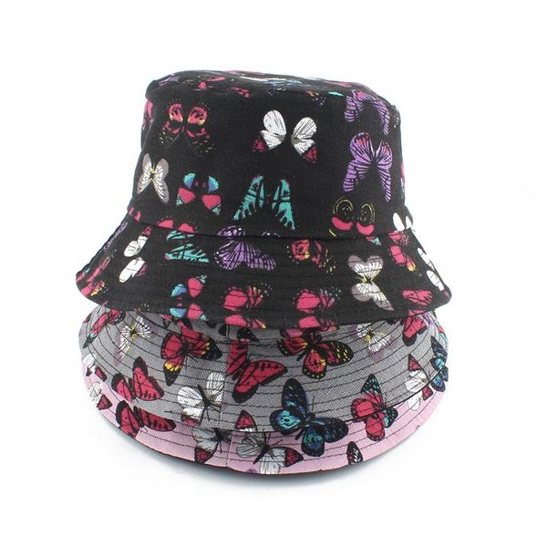 

wide brim hats fashion women butterfly print fisherman hat panama reversible bucket casual sun protection fishing cap, Blue;gray