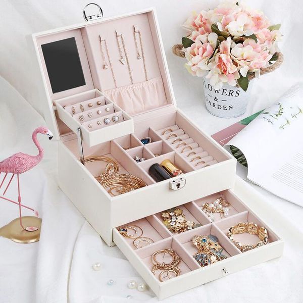 

jewelry pouches, bags box locked casket with mirror lock makeup organizer beauty travel necklace holder gift large capacity packag, Pink;blue