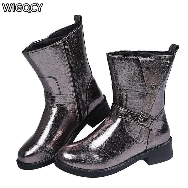 

boots 2021 winter women's thick-soled low-heel leather short fashion belt buckle plus size 43, Black