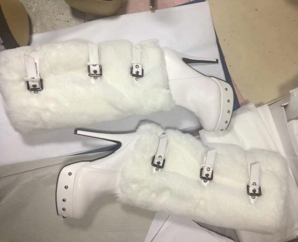 

boots real pics belt buckle fasten soft white snow fur knee high stiletto heels rivets studs platform knight, Black