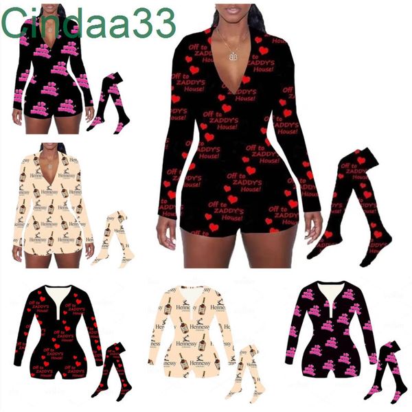 

women jumpsuit designer 2022 slim v neck printed valentine day long sleeve shorts and sock two piece set ladies homewear s-xxl 3 colours, Black;white