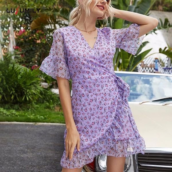 

casual dresses lusumily women summer 2021 v neck floral print fashion boho beach dress ruffle short sleeve girl mini sundress, Black;gray