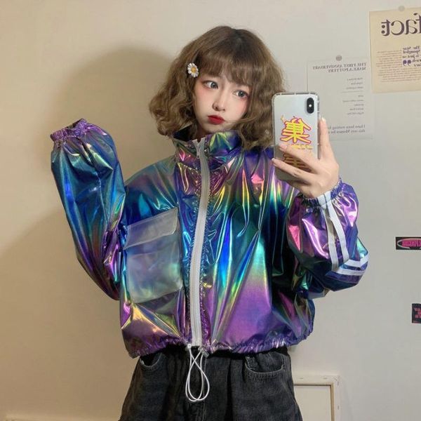 

women's jackets thin coat female net red shiny face short summer colorful 2021 sunscreen harajuku solid color zipper, Black;brown
