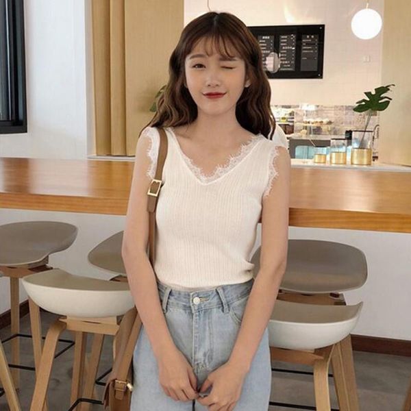 

women's tanks & camis elegant wild lace trim vest fashion slim solid color knit camisole v neck women tank, White
