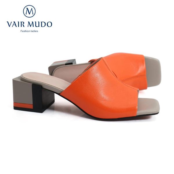 

slippers vair mudo women shoes fashion elegant spring autumn thick heels genuine leather female footwear organe shoeslt8-c, Black