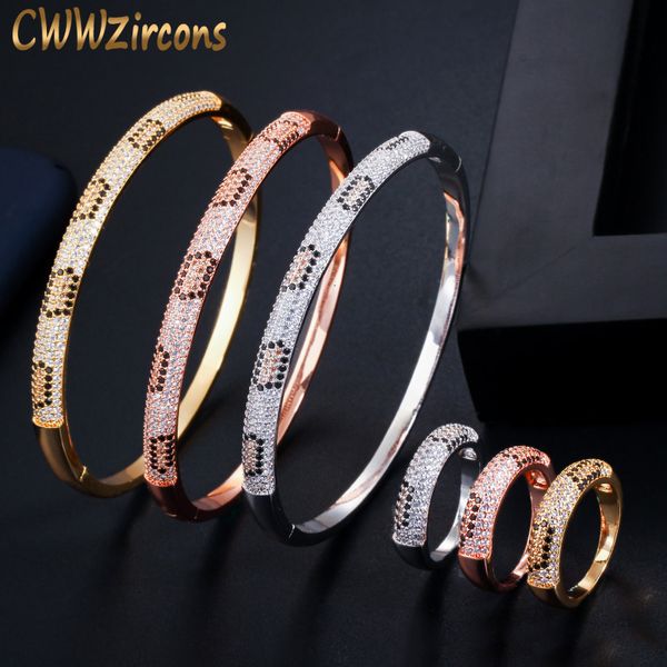 

jewelry sets cwwzircons fashion brand rose gold color round cobra slim cz open bangle bracelet and rings set for women wedding t345, Black