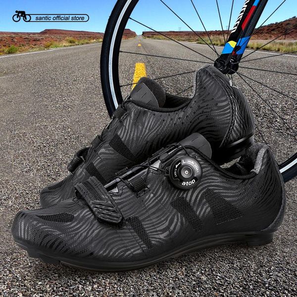 

santic men cycling road shoes lace-up nylon sole athletic racing team bicycle breathable clothings ms17005 footwear, Black
