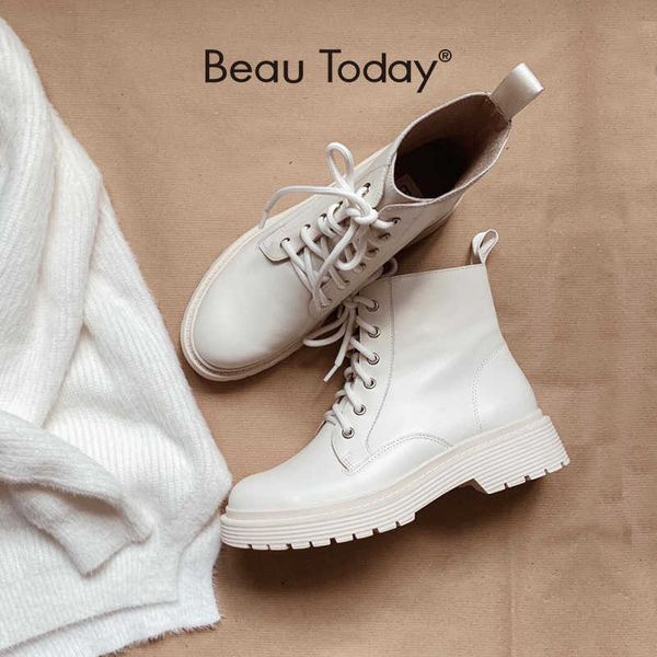 

beautoday ankle boots women genuine cow leather lace-up round toe lady booties autumn winter platform sole shoes handmade 03429 210911, Black