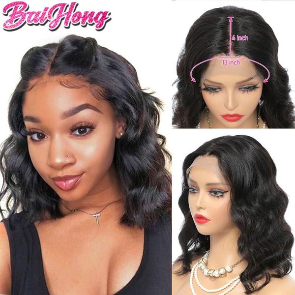 

lace wigs body wave front human hair short bob natural smooth wig 150% density closure for women pre plucked baihong, Black;brown