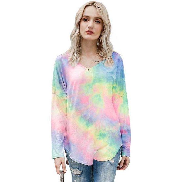 

tie dye long sleeve t shirt for women summer v-neck plus size fashion tshirt ladies harajuku tee shirt femme 210608, White