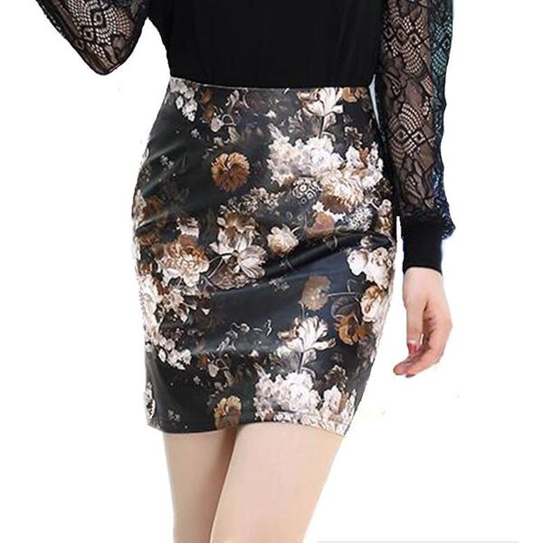 

skirts autumn winter fashion floral pu leather mini skirt female pencil women saias 1236, Black