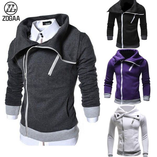 

men's hoodies & sweatshirts zogaa fashion diagonal zipper pullover hooded color matching sweater casual jacket, Black