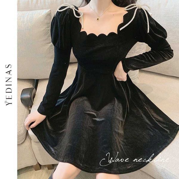 Yedinas outono womens vestido preto vintage arco manga longa elegante festa es veludo mini vestidos mujer gótico 210527