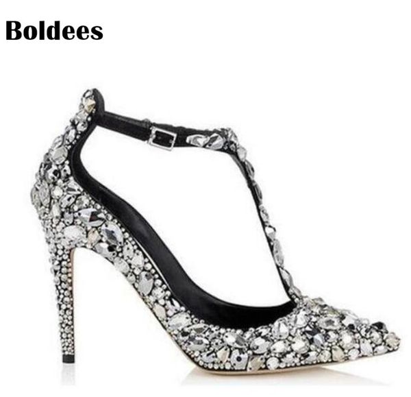

rhinestone bride wedding shoes woman glitter crystal pointed toe stiletto heeled women pumps for party size 34 to 42 dress, Black
