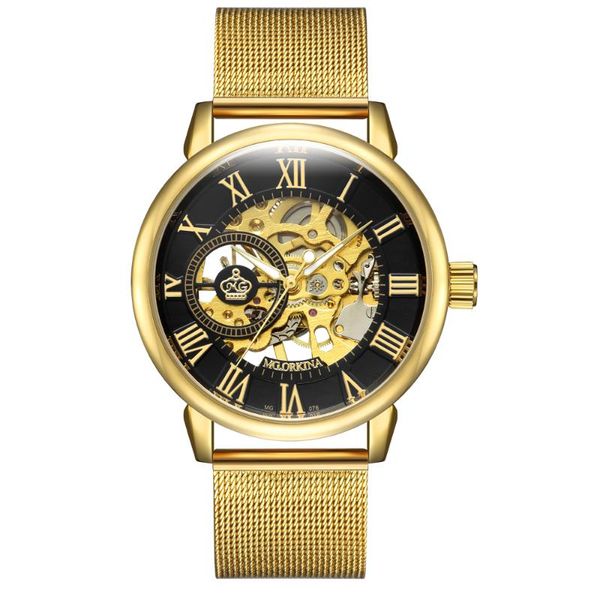 

wristwatches orkina hollow skeleton watches men luxury famous brand transparent mechanical wrist watch golden mesh stainless steel clock, Slivery;brown