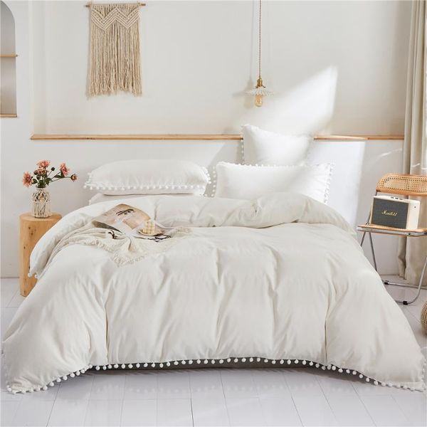 

bedding sets home white set  elegant pompom decoration duvet cover with pillowcase double bed luxury bedroom bedspead