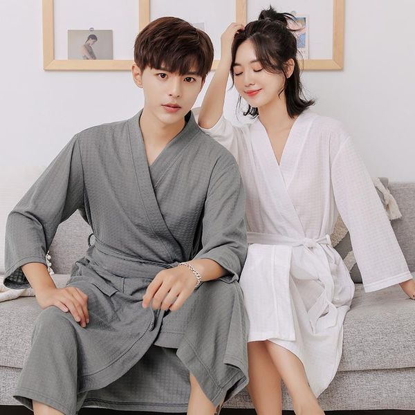 

women's sleepwear couple robe kimono gown spring autumn waffle bathrobe loose casual women nightgown nightwear solid home dress lingeri, Black;red