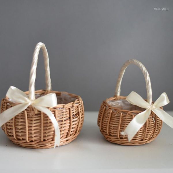 

storage baskets woven flower basket rattan girl hand handmade with bow1
