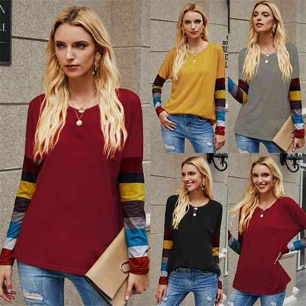 

academic round neck long sleeve striped t-shirt for women's autumn winter fashion casual loose splicing pullover 210522, White