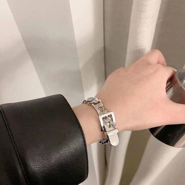 

link, chain individuality punk trendy silver color belt buckle alloy couple wrist bracelet for women men party jewelry, Black
