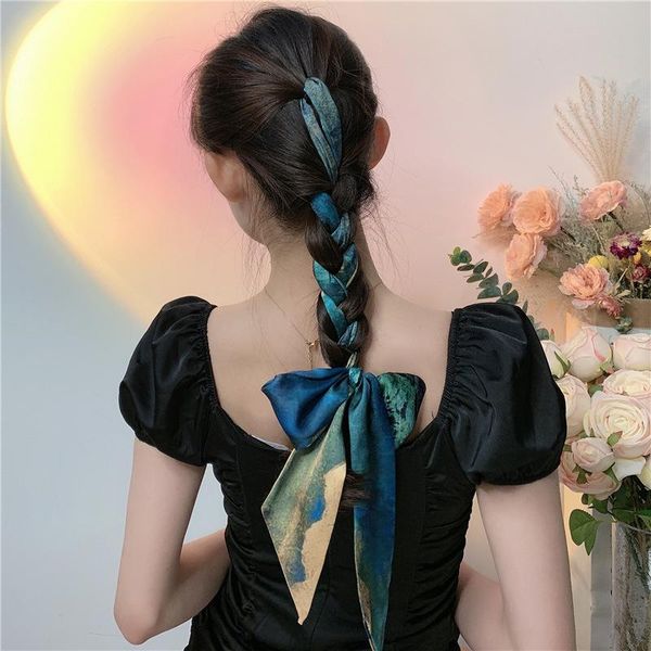 

scarves french bow braided hair edge scarf band female tie with headband long ribbon oil painting versatile spring and autumn, Blue;gray