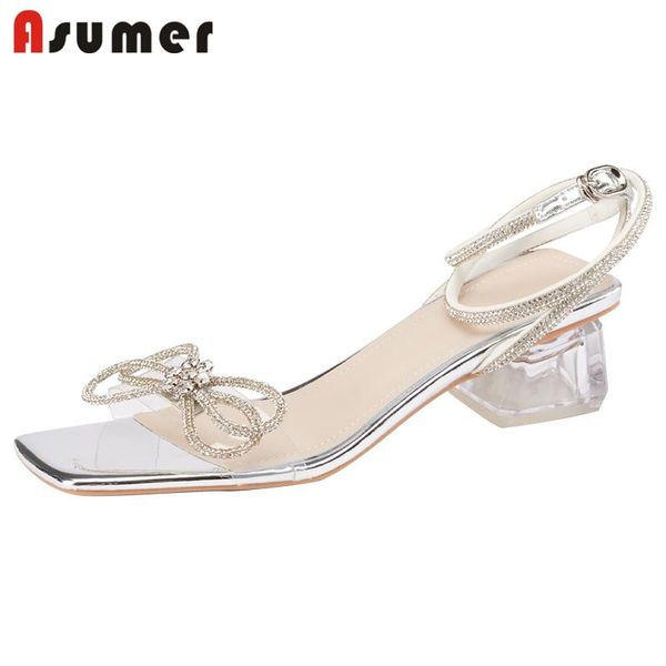 

sandals asumer 2021 crystal thick heel casual shoes women bowknot ankle buckle pvc transparent summer ladies, Black