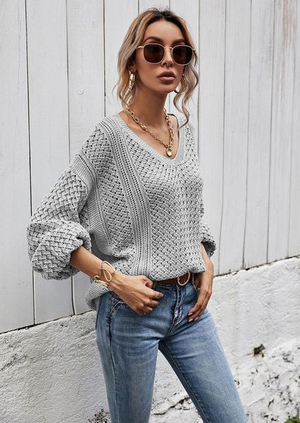 

women's sweaters 2021 women fashion hollow out lantern sleeve oversized loose v neck sweater female casual solid color knitted pullover, White;black
