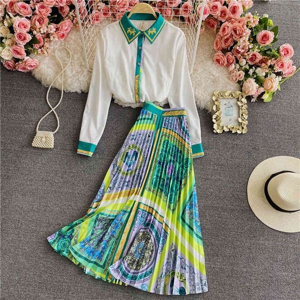 

spring fashion runway midi skirt defines female manga long contrast green white shirt color and skirts plied with two suit parts acae, Black
