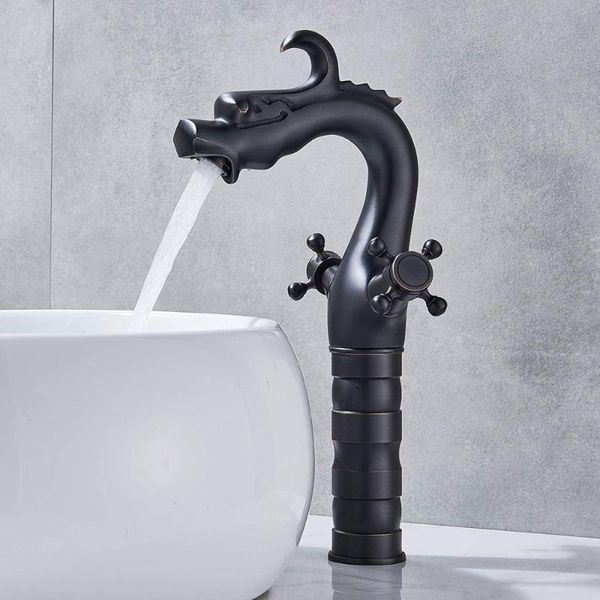 Rubinetto per vasca per lavandino del bagno a forma di drago, miscelatore a doppia maniglia, colore nero, materiale in ottone, rubinetti in bronzo lucidato a olio