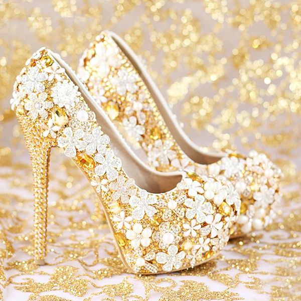 

handmade fashion gold wedding shoes genuine leather women platform high heels rhinestone bridal dress, Black