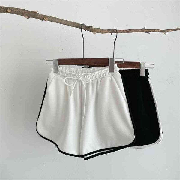 

2021 summer active sports shorts cotton wide leg high waist white yoga elastic drawstring loose pants, Black