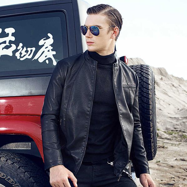 

men's leather jackets leather jacket men motorcycle solid slim stand collar zipper fashion coat mens coats autumn spring 2 211009, Black