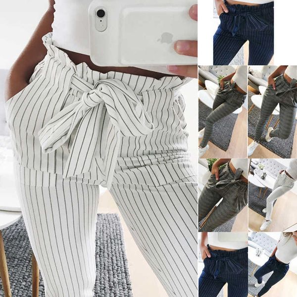 

women fashion casual ol pencil pants bow tie drawstring sweet elastic waist pockets trousers slim strip 211007, Black;white