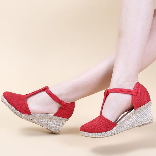 

bohemian women handmade linen cotton wedge espadrilles sandals t-strap summer comfortable high heel platforms shoes, Black