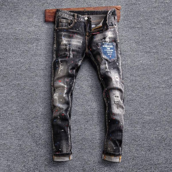 

men's jeans street style fashion men retro black gray elastic slim fit ripped pocket designer hip hop splashed denim pants, Blue