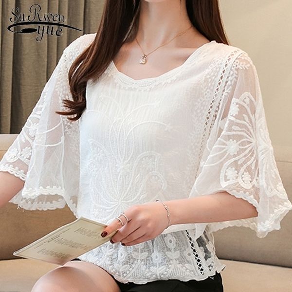 

fashion womens and blouses 2021 ladies lace white shirts women blouse for women solid hollow out sweet 4073 50 210317