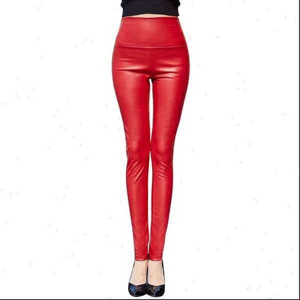 

women capris thicken winter pu leather pants high waist fleece stretch slim woman pencil skinny trousers 25 colors, Black;white