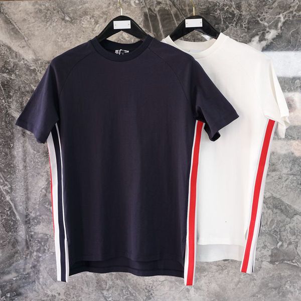 

t shirt fashion tb thom brand t-shirt men women short sleeve casual clothing loose bilateral stripes summer o-neck cotton shirts, White;black