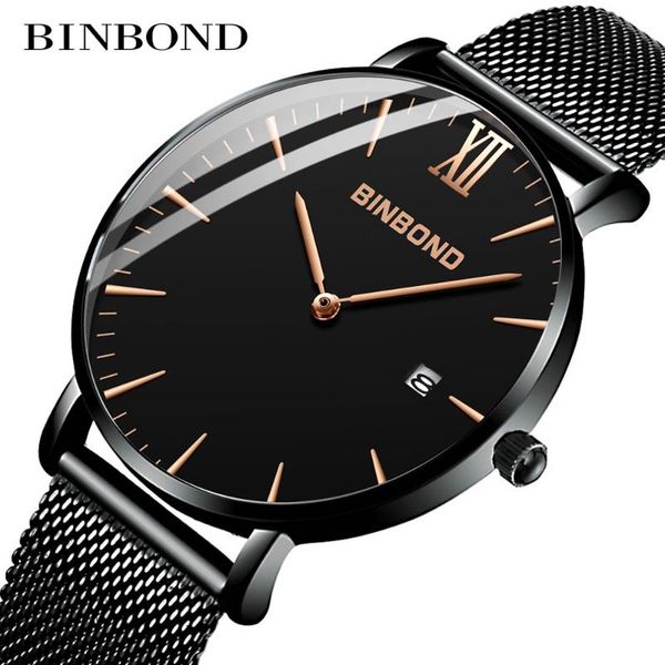 

wristwatches binbond classic mminimalist watch for men quartz black simple case luxury mesh steel strap calendar clock relogio, Slivery;brown