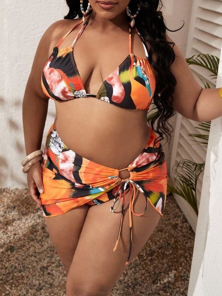 

3pack plus tie dye halter bikini swimsuit & beach skirt i382#, Black