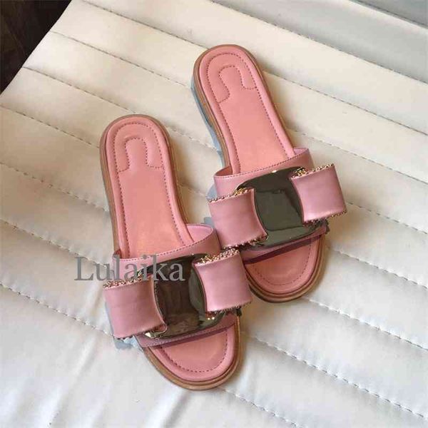 

2021 summer classics brand women's bow solid color genuine leather slippers outside beach flat flip flops, Black