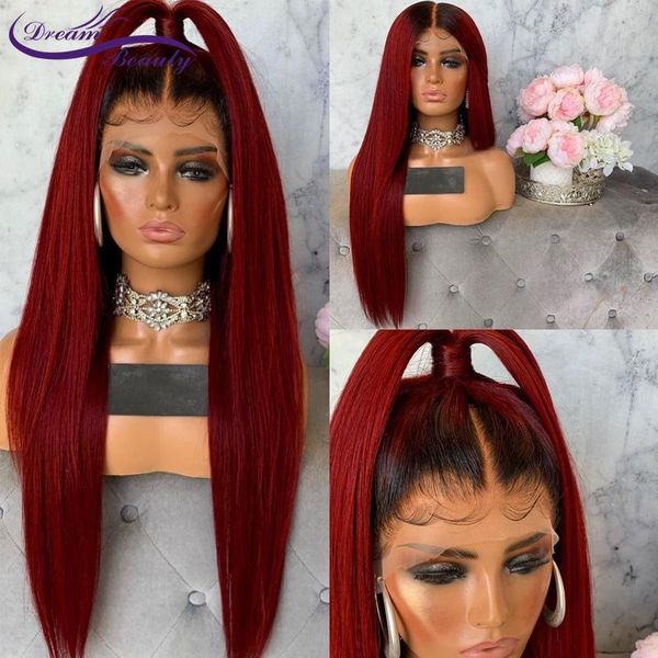 

lace wigs straight hair 13x4 front wig human 99j red burgundy pre-plucked 180% remy ombre for women dream beauty, Black;brown