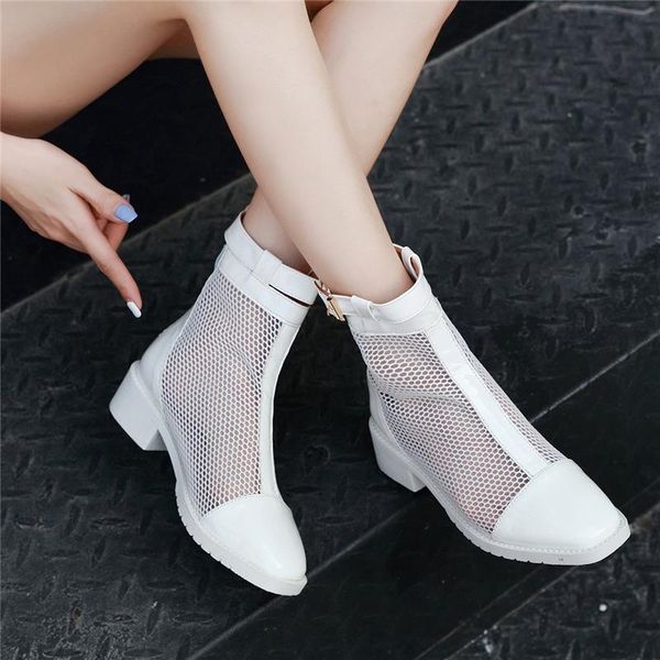 

boots fashion summer mesh breathable women gladiator sandals woman mid heels botas mujer square toe casual lady low, Black