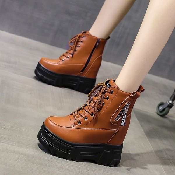

Woman High Platform Boots Winter Chunky Sneakers Warm Casual Vulcanized Shoes 10CM Lace Up High Top Leather Sneakers Women Mujer, Black