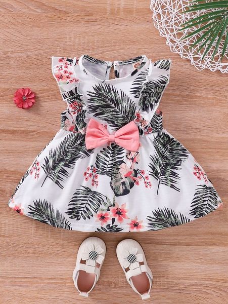 

baby tropical print bow front ruffle trim dress she, Red;yellow
