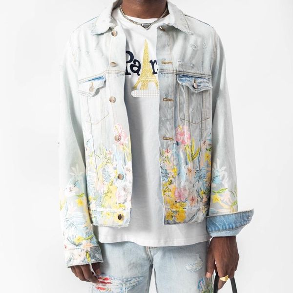 

men's jackets denim style light blue flower print casual jacket, Black;brown