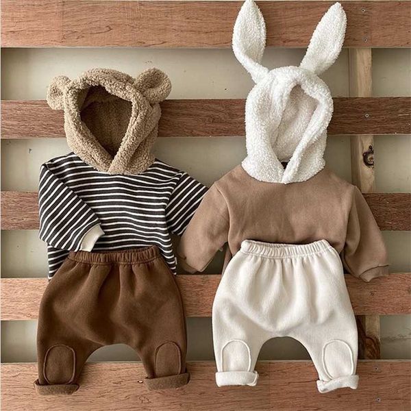 Winter Säuglingskinder 2-teiliges Set Baby Mädchen Jungen Kaninchen Bär Cartoon Hoodies und Hose Outfits Anzug für geborene Kinder Kleidung 211025